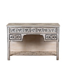 White background image of a Swaha limited edition reclaimed wood desk with Delft inspired hand painted motifs