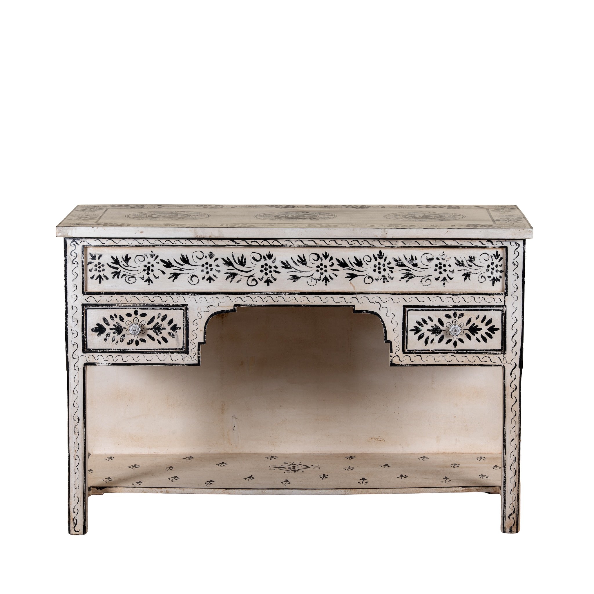 White background image of a Swaha limited edition reclaimed wood desk with Delft inspired hand painted motifs
