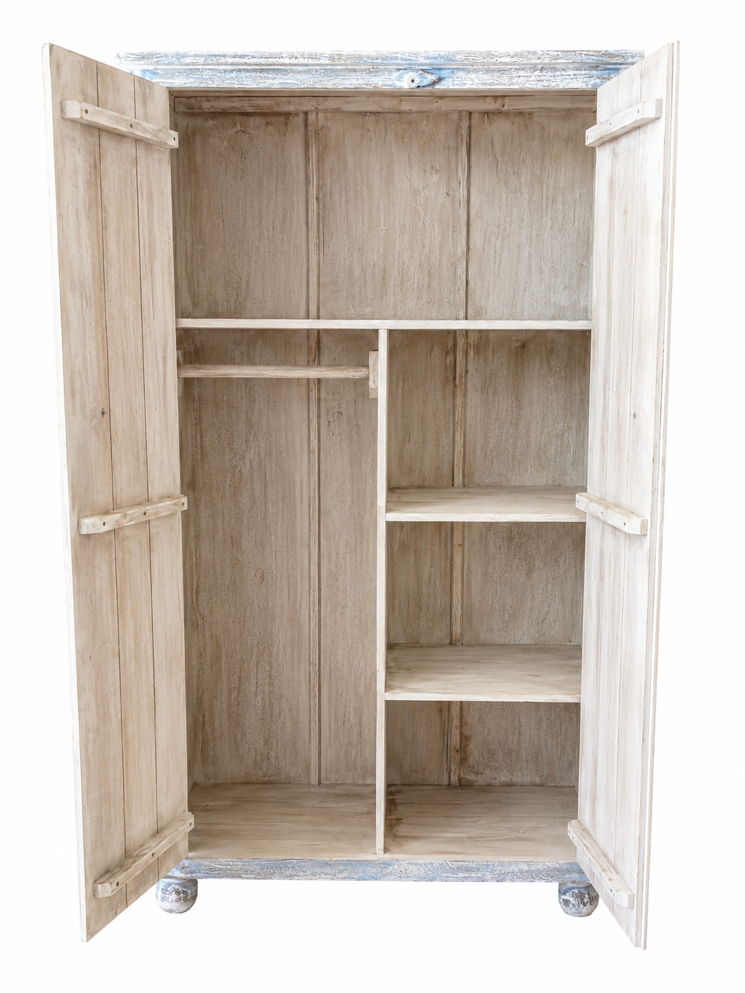 Inner layout of a Swara hand carved mango wood wardrobe in bleached Ibiza design with floral mandala doors, hanging rail and shelving, 110x56x190cm