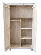 Inner layout of a Swara hand carved mango wood wardrobe in bleached Ibiza design with floral mandala doors, hanging rail and shelving, 110x56x190cm