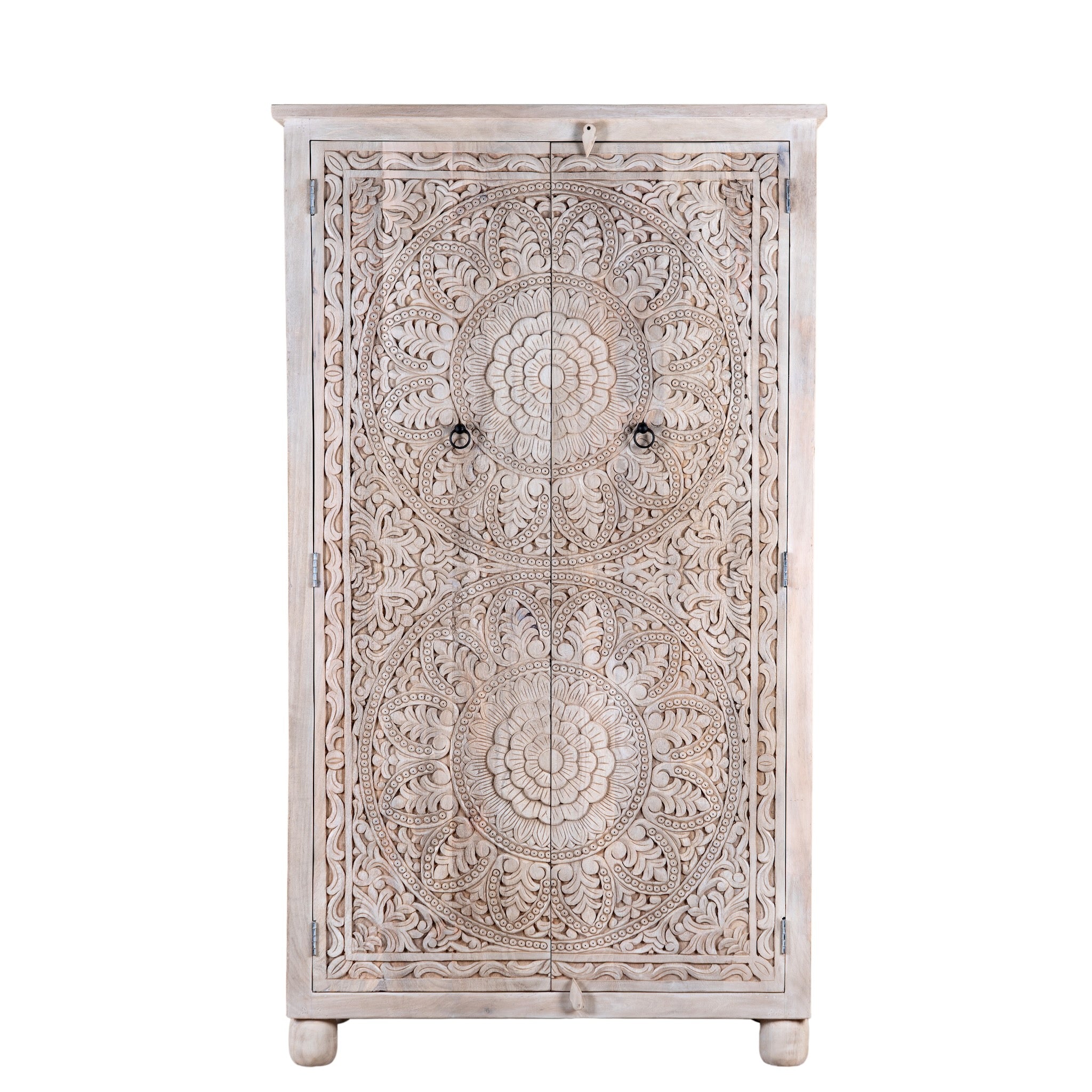 White background image of a Swara hand carved mango wood wardrobe in bleached Ibiza design with floral mandala doors, hanging rail and shelving, 110x56x190cm