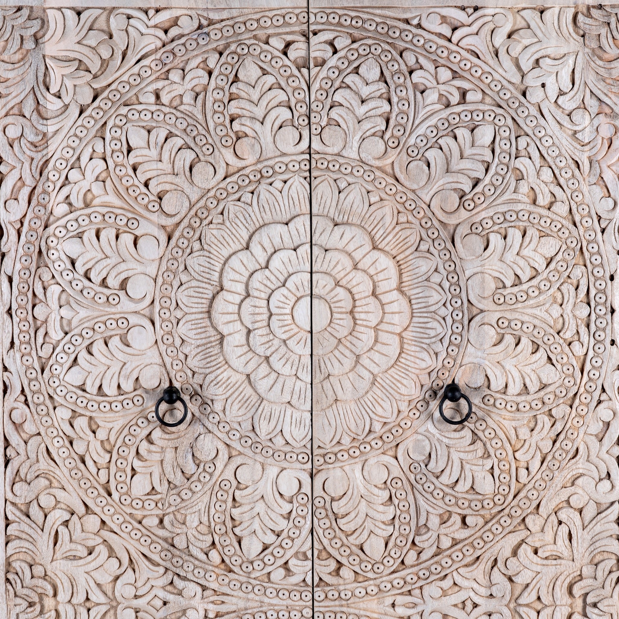 Close p image of a Swara hand carved mango wood wardrobe in bleached Ibiza design with floral mandala doors, hanging rail and shelving, 110x56x190cm