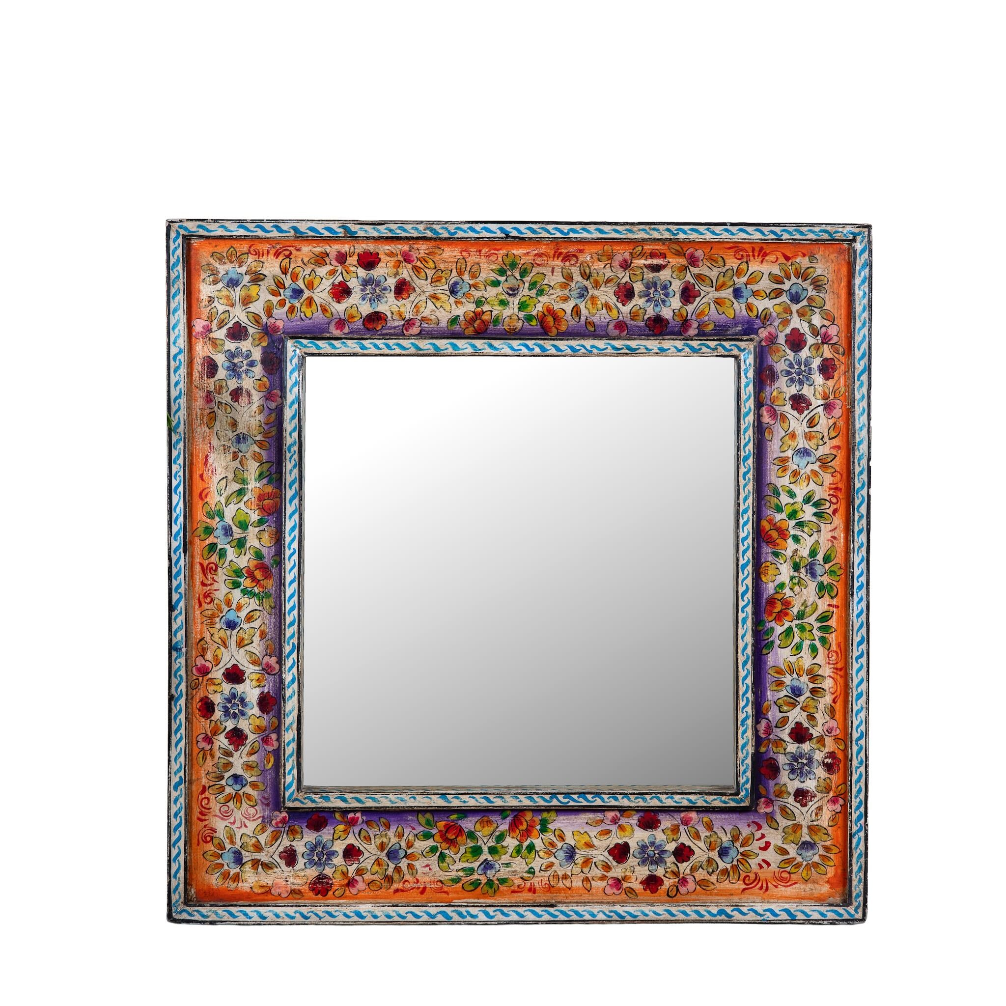 White background image of a Taksha hand-painted reclaimed wood wall mirror with colourful floral artwork, blue border detailing, and vintage artisan character, 90x90cm.