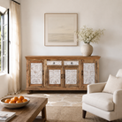 Talaja handcrafted solid mango wood sideboard with intricately hand-carved doors, natural wood grain, traditional Indian patterns, and spacious storage, 180cm.