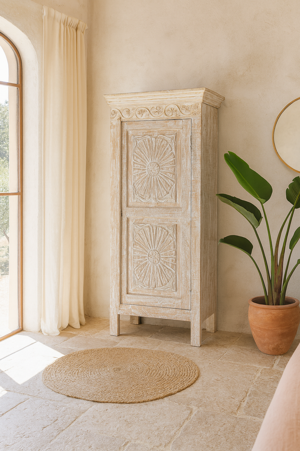 Lifestyle imagination of a white washed wood cabinet with hand-carved floral design, Moroccan-style reclaimed wood furniture, 134 × 60 × 45 cm.
