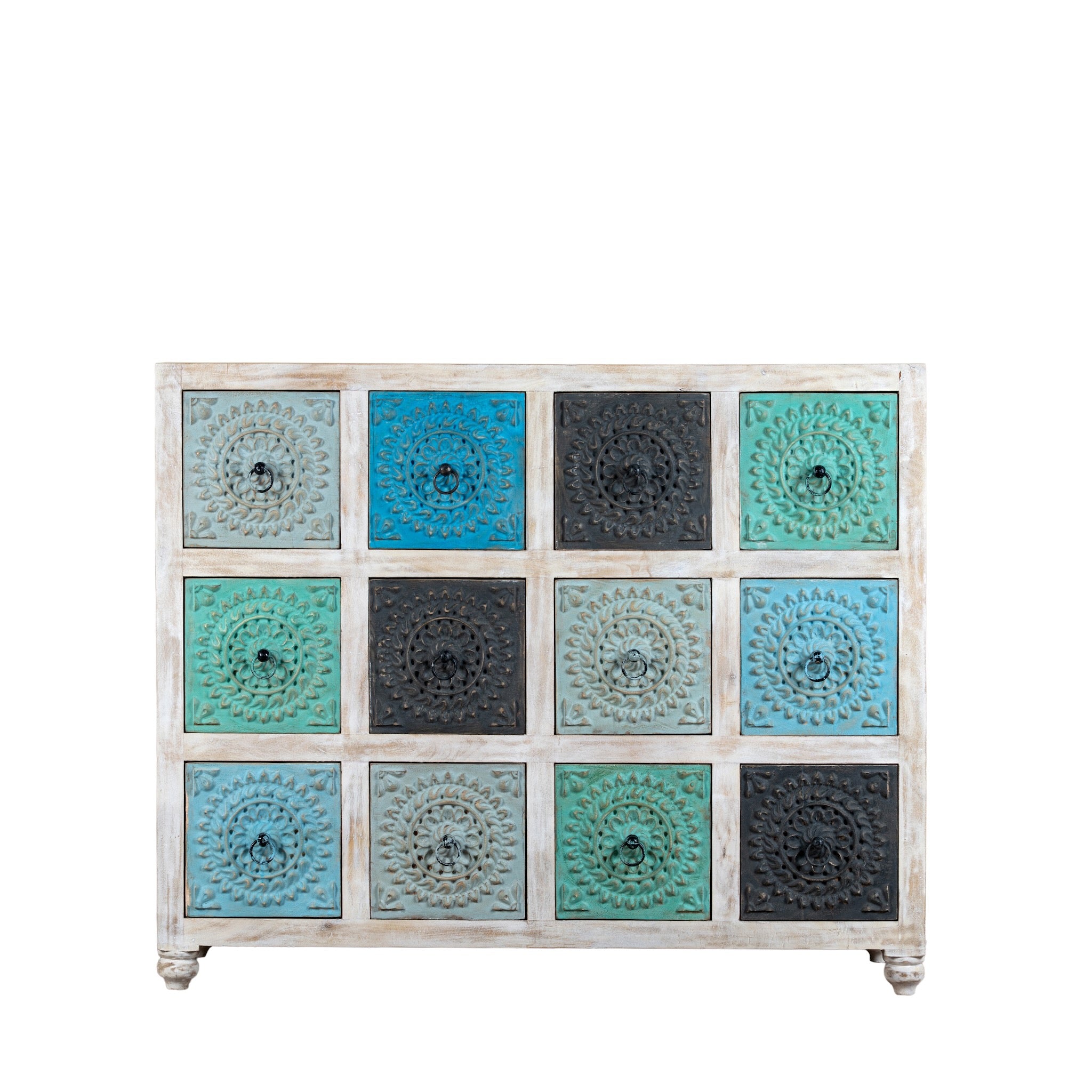 White background image of a carved mango wood chest of drawers with twelve multicolour floral drawer fronts, 124 × 40 × 102 cm.