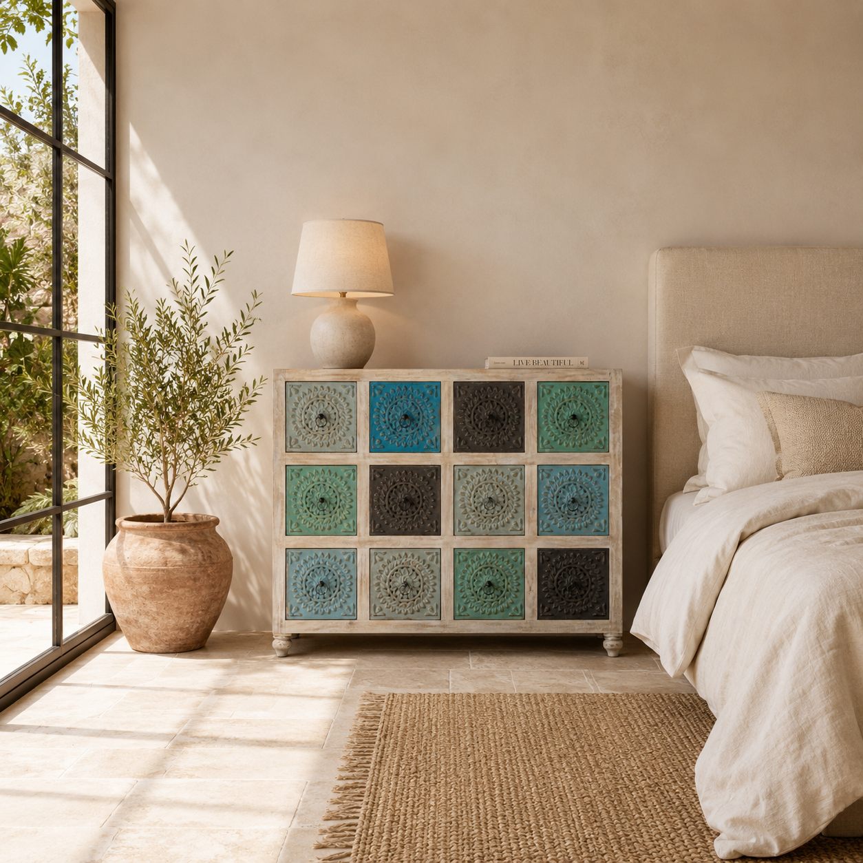 Lifestyle image of a carved mango wood chest of drawers with twelve multicolour floral drawer fronts, 124 × 40 × 102 cm.