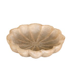 White background image of a hand-carved marble flower plate Tanush with delicate petal detailing. A vintage home accessory and unique Indian decoration, perfect as a soap dish, jewellery tray, or sweet plate for vintage home decor.
