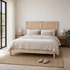 Lifestyle image of a handcrafted Indian bed Tapti in solid mango wood with rattan panels, artisanal bedroom furniture, 180 × 200 cm.