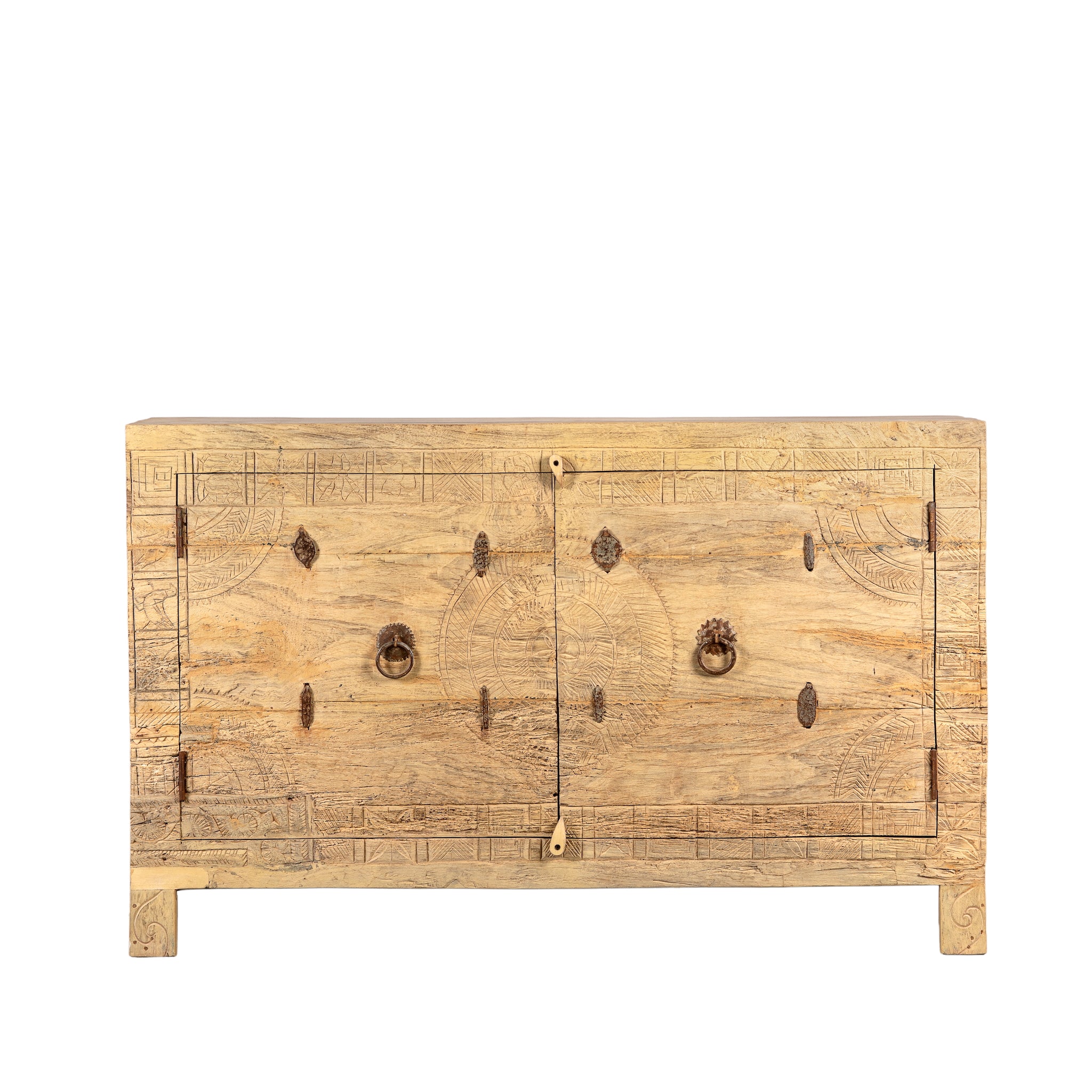 White background image of a Tarini reclaimed teak wood sideboard with hand carved Orissa house door elements and original iron fittings 132cm