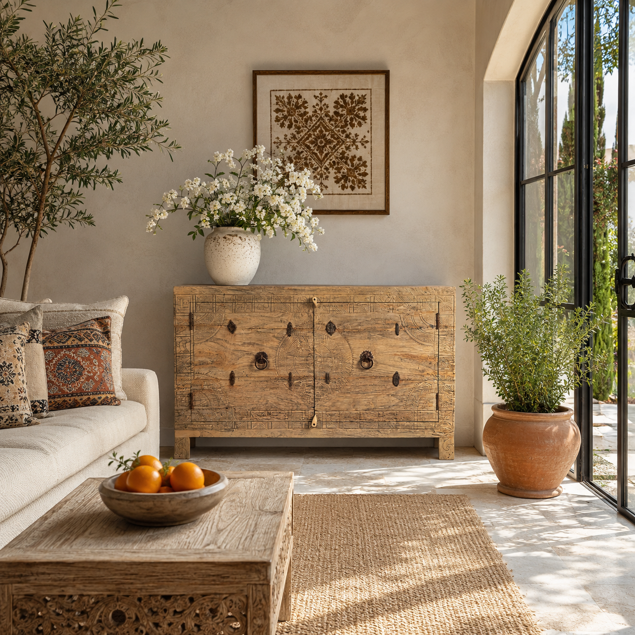 Lifestyle image of a Tarini reclaimed teak wood sideboard with hand carved Orissa house door elements and original iron fittings 132cm