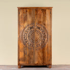 Tash hand carved mango wood wardrobe with mandala carved doors, hanging rail and four storage compartments, 108x55x190cm