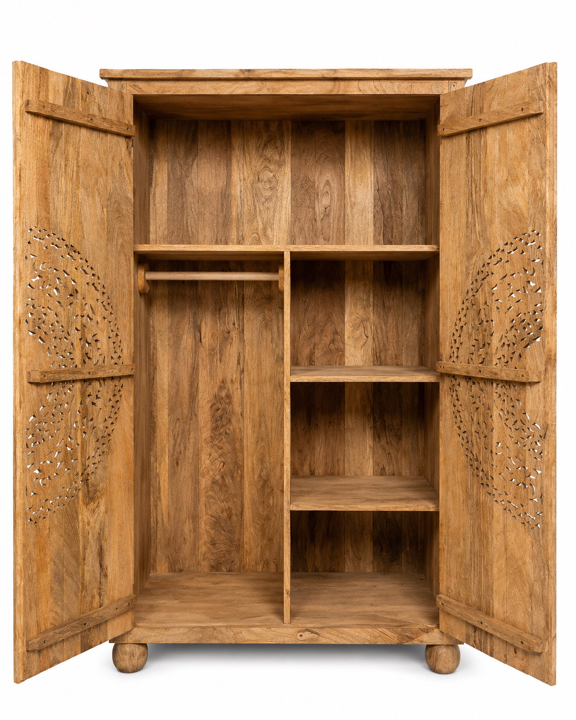 Inner layout of a Tash hand carved mango wood wardrobe with mandala carved doors, hanging rail and four storage compartments, 108x55x190cm