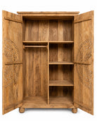 Inner layout of a Tash hand carved mango wood wardrobe with mandala carved doors, hanging rail and four storage compartments, 108x55x190cm
