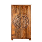 White background image of a Tash hand carved mango wood wardrobe with mandala carved doors, hanging rail and four storage compartments, 108x55x190cm
