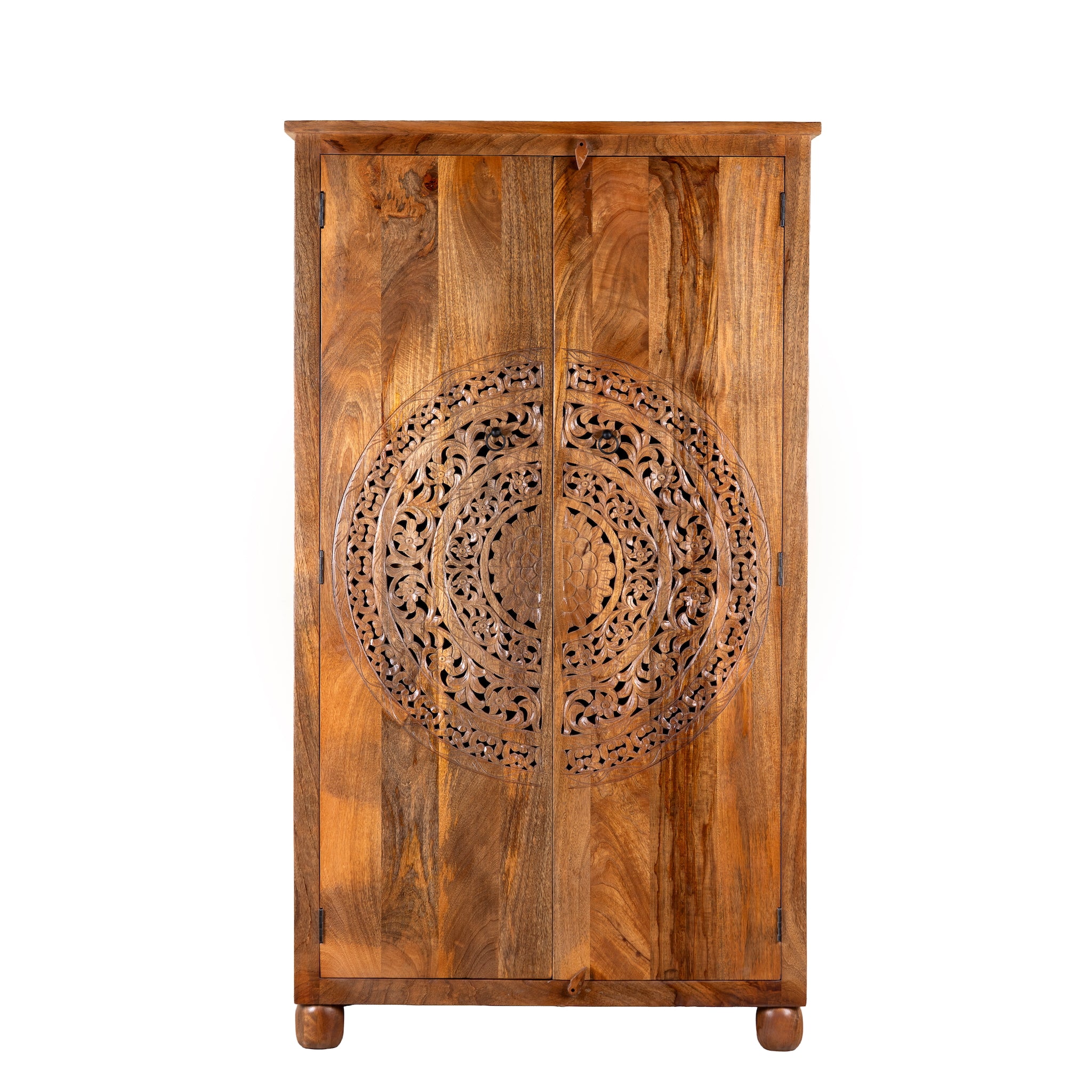 White background image of a Tash hand carved mango wood wardrobe with mandala carved doors, hanging rail and four storage compartments, 108x55x190cm