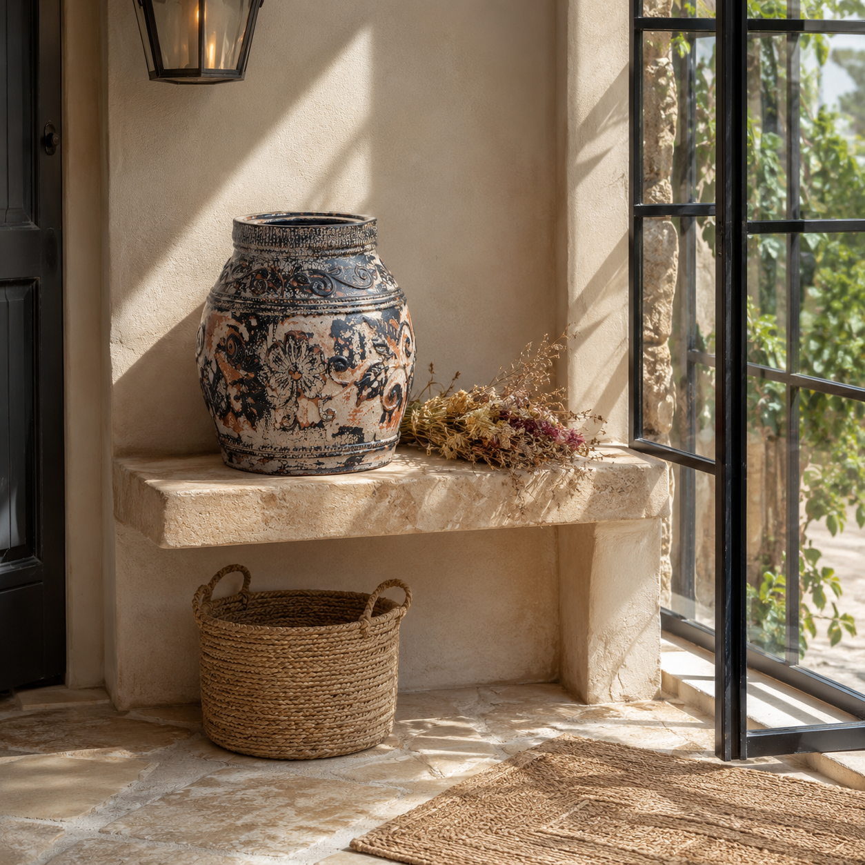 Lifestyle image of a hand-painted clay vase with vintage distressed charcoal and terracotta finish, raised floral relief decoration, 33x35cm.