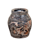 White background image of a hand-painted clay vase with vintage distressed charcoal and terracotta finish, raised floral relief decoration, 33x35cm.