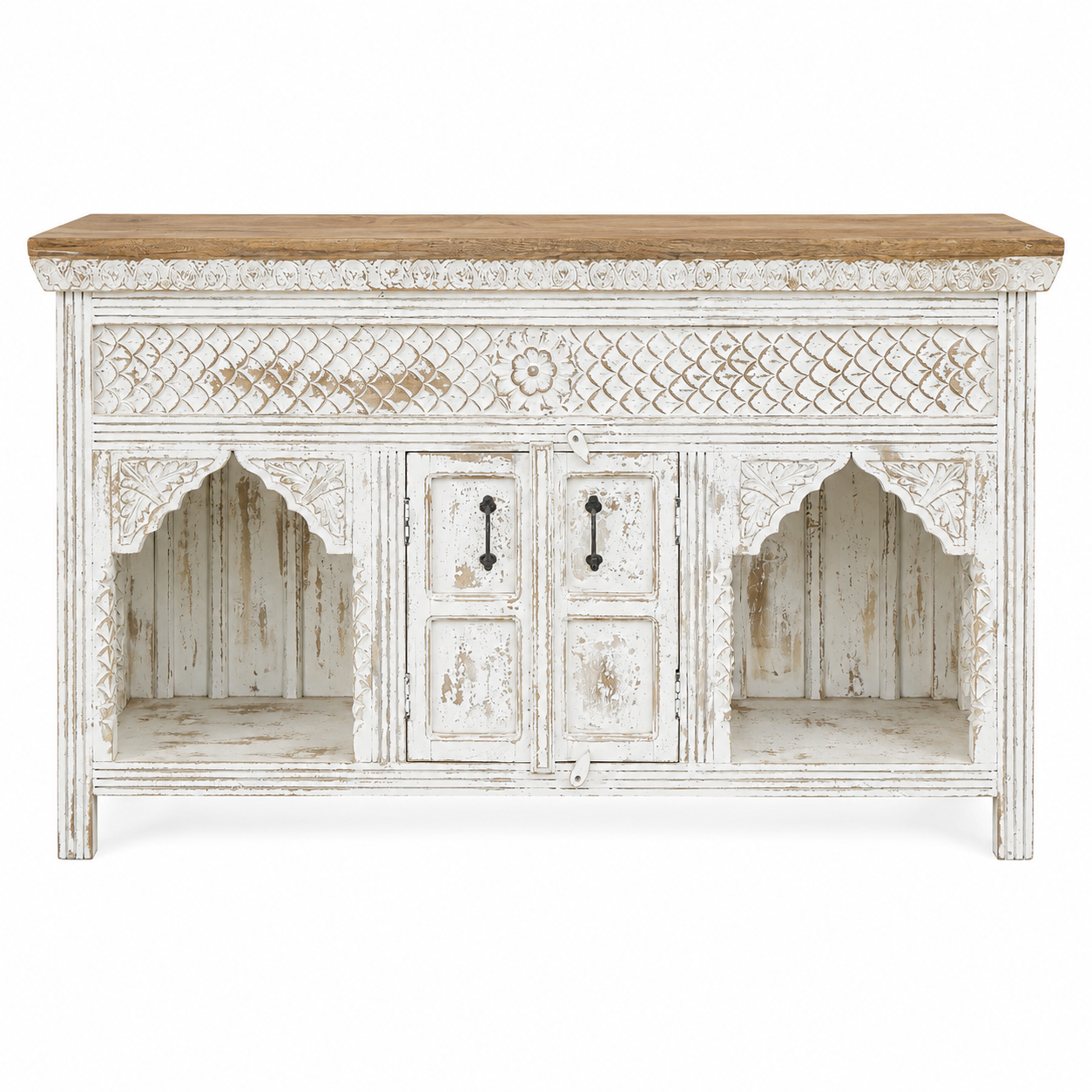 White background image of  Teerth hand carved white washed mango wood console table with natural wood top 150cm