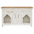 White background image of  Teerth hand carved white washed mango wood console table with natural wood top 150cm