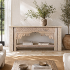 Lifestyle image of a reclaimed teak wood console using antique Indian houseparts. Classic unique piece with shelf.