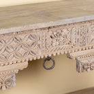Cup image of a reclaimed teak wood console using antique Indian house parts. Classic unique piece with shelf.lose 