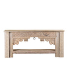 White background image of a reclaimed teak wood console using antique Indian house parts. Classic unique piece with shelf.