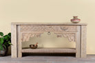 Image of a reclaimed teak wood console using antique Indian house parts. Classic unique piece with shelf.