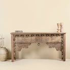 Tenzin handcrafted entryway table vintage, unique furniture in reclaimed teak wood with floral and geometric carvings, 160 × 40 × 90 cm.