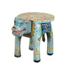 Hand-painted wooden tiger side table featuring Indian folk art and floral details, shaped like a tiger with deity painting on top, perfect for vintage and India-inspired home accessories.