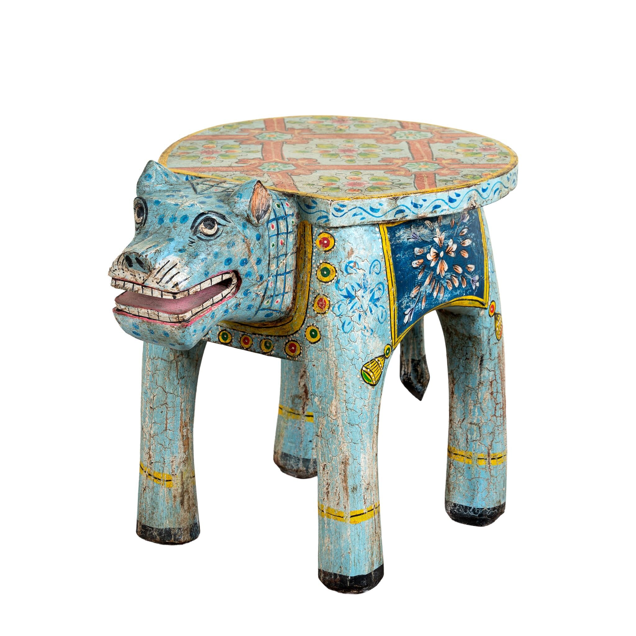 Hand-painted wooden tiger side table featuring Indian folk art and floral details, shaped like a tiger with deity painting on top, perfect for vintage and India-inspired home accessories.