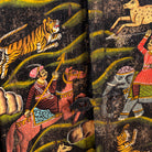 Close up image of an antique reclaimed wood mirror from India with hand-painted Tiger Hunt artwork, authentic vintage frame and boho wall décor, 50x50x5cm.