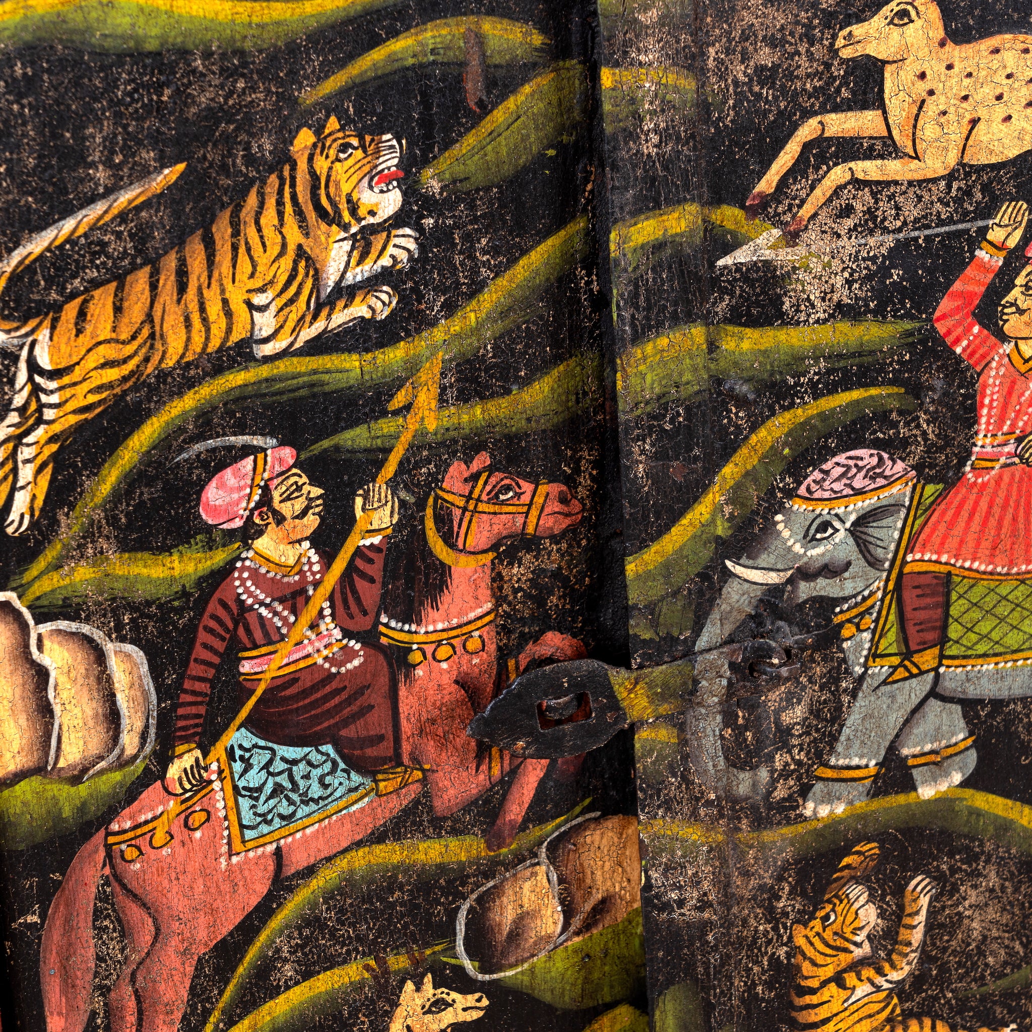 Close up image of an antique reclaimed wood mirror from India with hand-painted Tiger Hunt artwork, authentic vintage frame and boho wall décor, 50x50x5cm.
