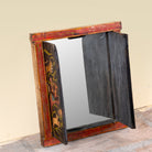 Open wings image of an antique reclaimed wood mirror from India with hand-painted Tiger Hunt artwork, authentic vintage frame and boho wall décor, 50x50x5cm.
