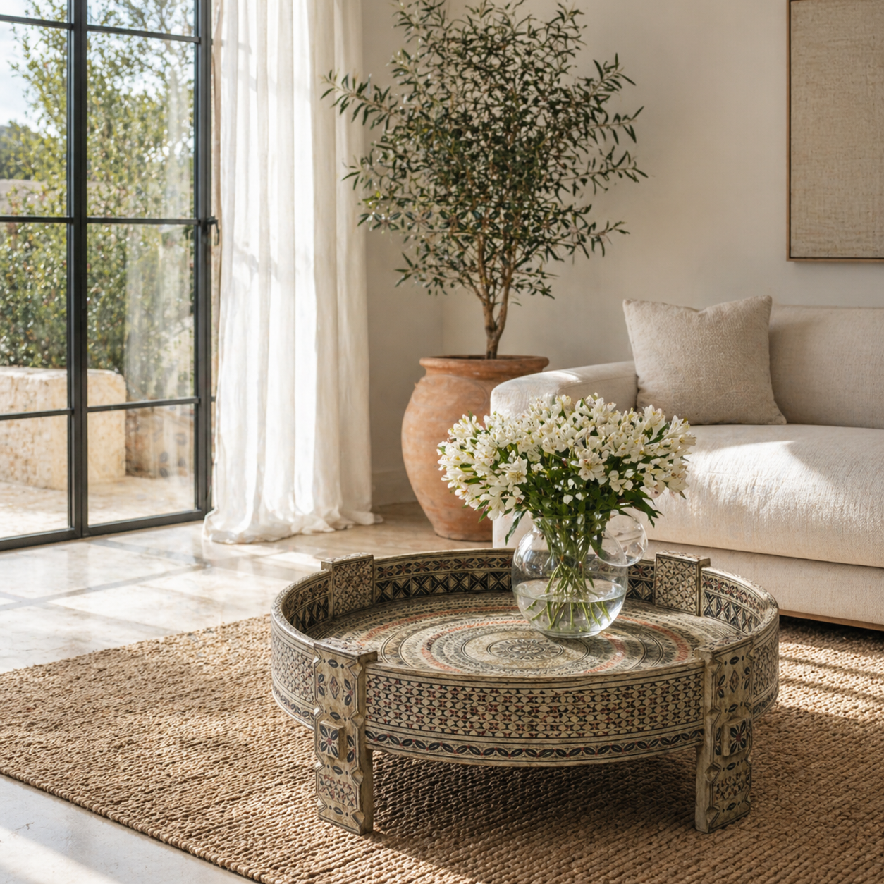 Lifestyle image of a reclaimed wood coffee table made from antique teak oil press with hand-painted Sanskrit symbols and glass top; hand painted coffee table, 75 cm diameter, 25 cm height.