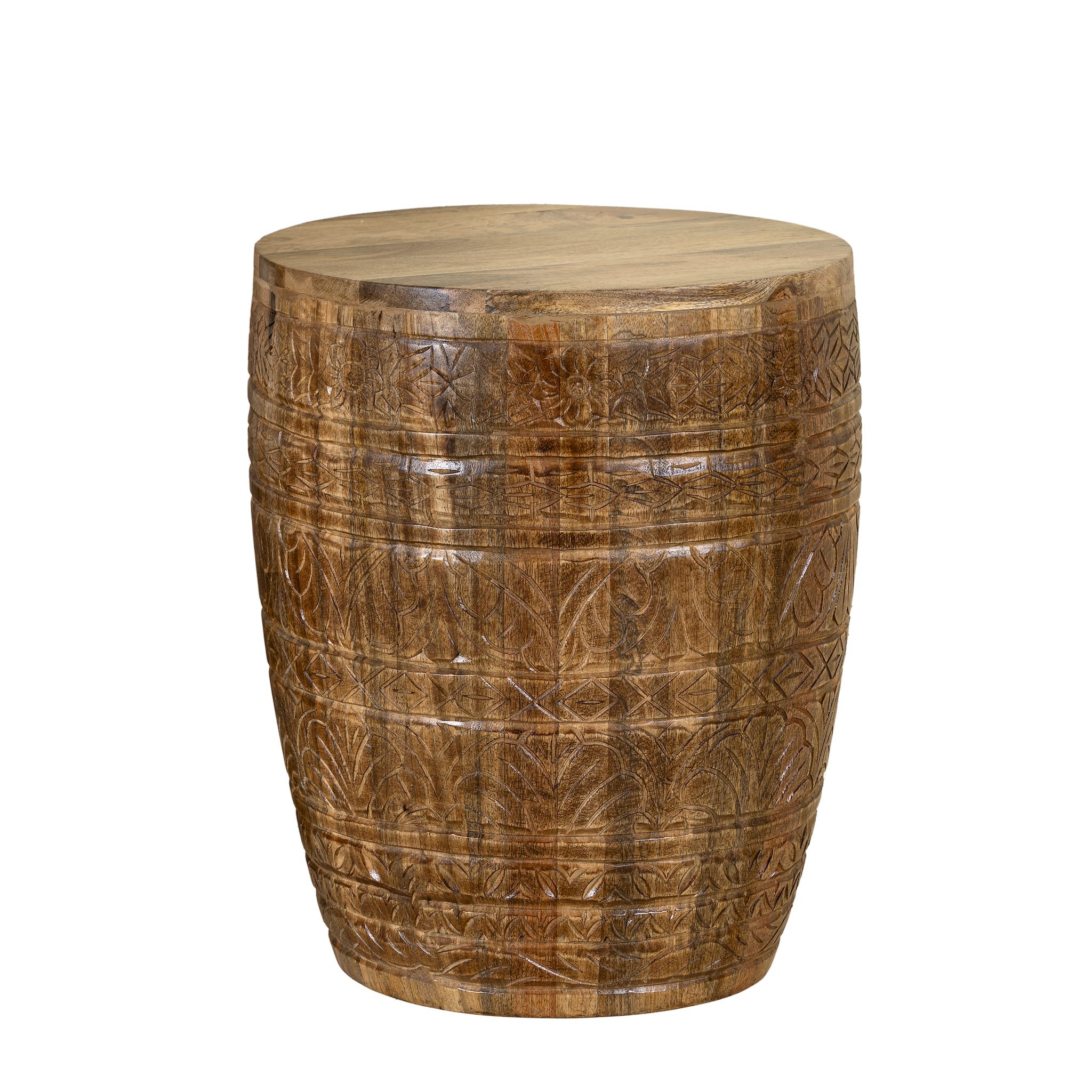 White background image of a hand-carved mango wood coffee table with barrel shape and warm rustic finish; vintage style coffee table, 45 cm diameter, 55 cm height.