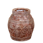 White background image of a Hand-painted vintage distressed terracotta clay vase with raised floral relief decoration, 33x35cm.