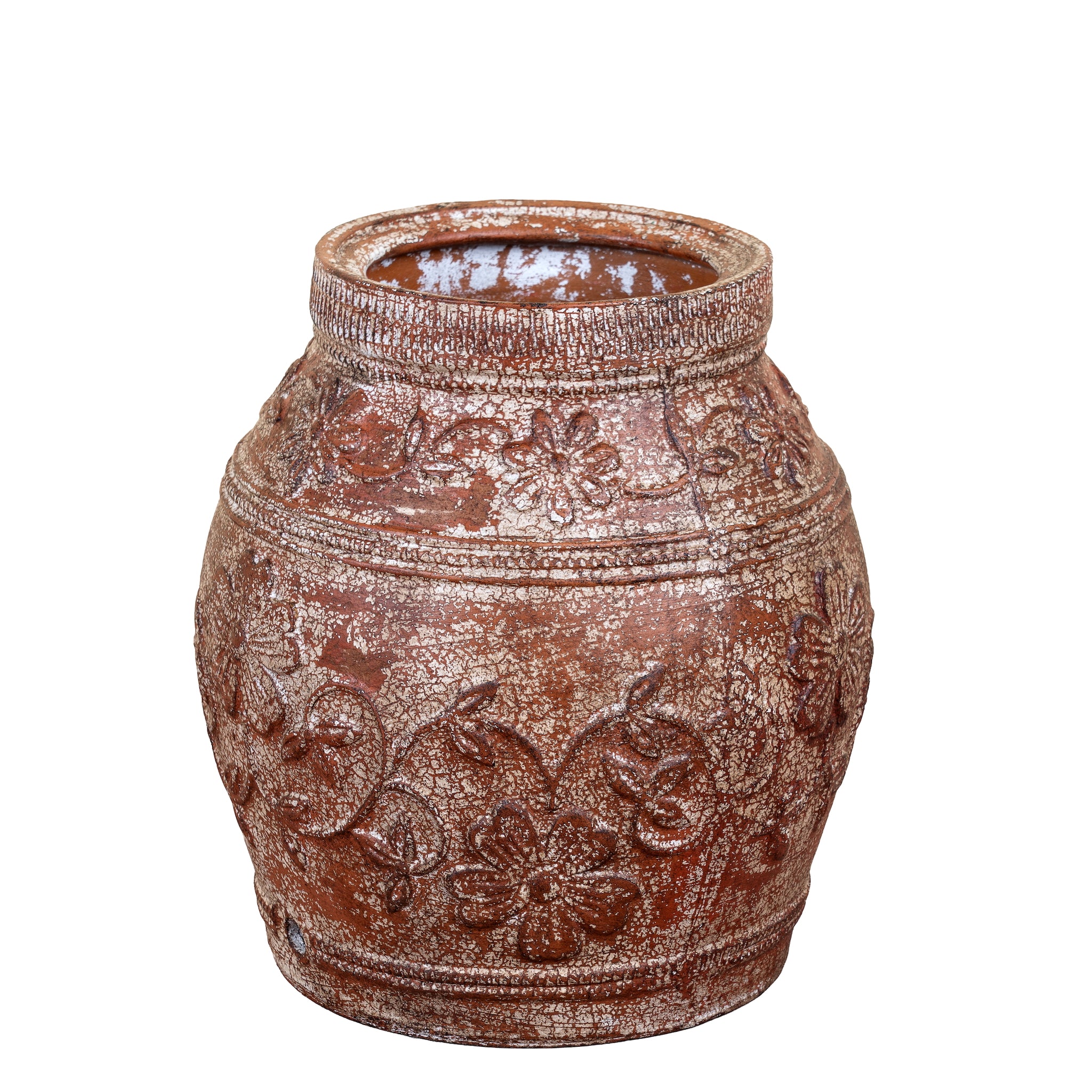 White background image of a Hand-painted vintage distressed terracotta clay vase with raised floral relief decoration, 33x35cm.