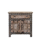 White background image of a hand painted bedside cabinet made of reclaimed wood with one drawer and two doors in Sanskrit style.