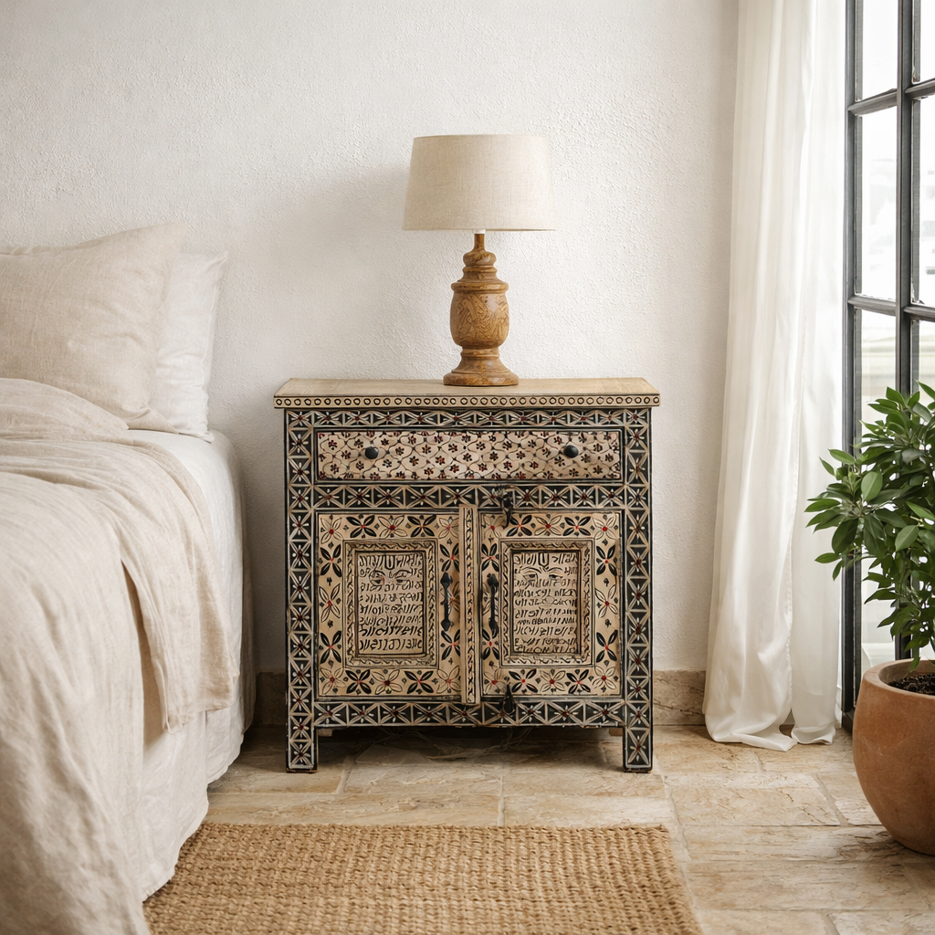 Lifestyle image of a hand painted bedside cabinet made of reclaimed wood with one drawer and two doors in sanskrit style.