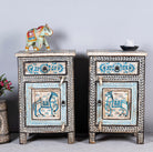 Set of two hand painted night stands with floral and horse motifs; sustainable furniture made of reclaimed wood, 45 × 35 × 70 cm.