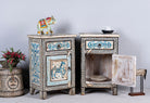 Side angle image with open door o a set of two hand painted night stands with floral and horse motifs; sustainable furniture made of reclaimed wood, 45 × 35 × 70 cm.