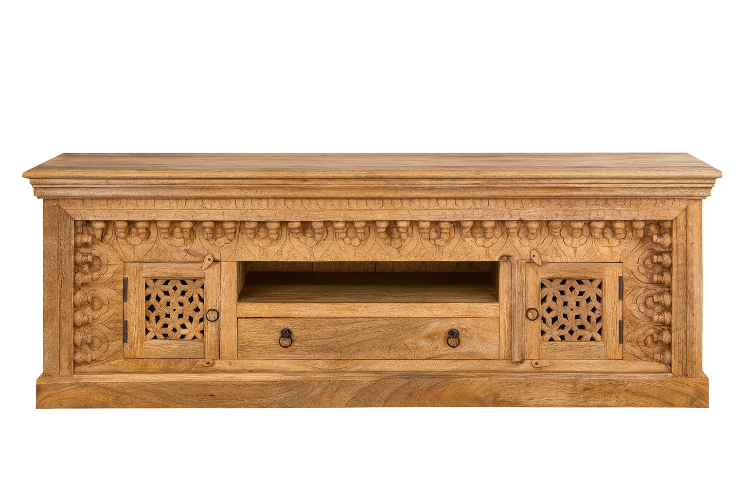 White background image of a carved mango wood TV unit with hand-carved doors, one drawer, and open shelf, 150 × 60 × 40 cm.