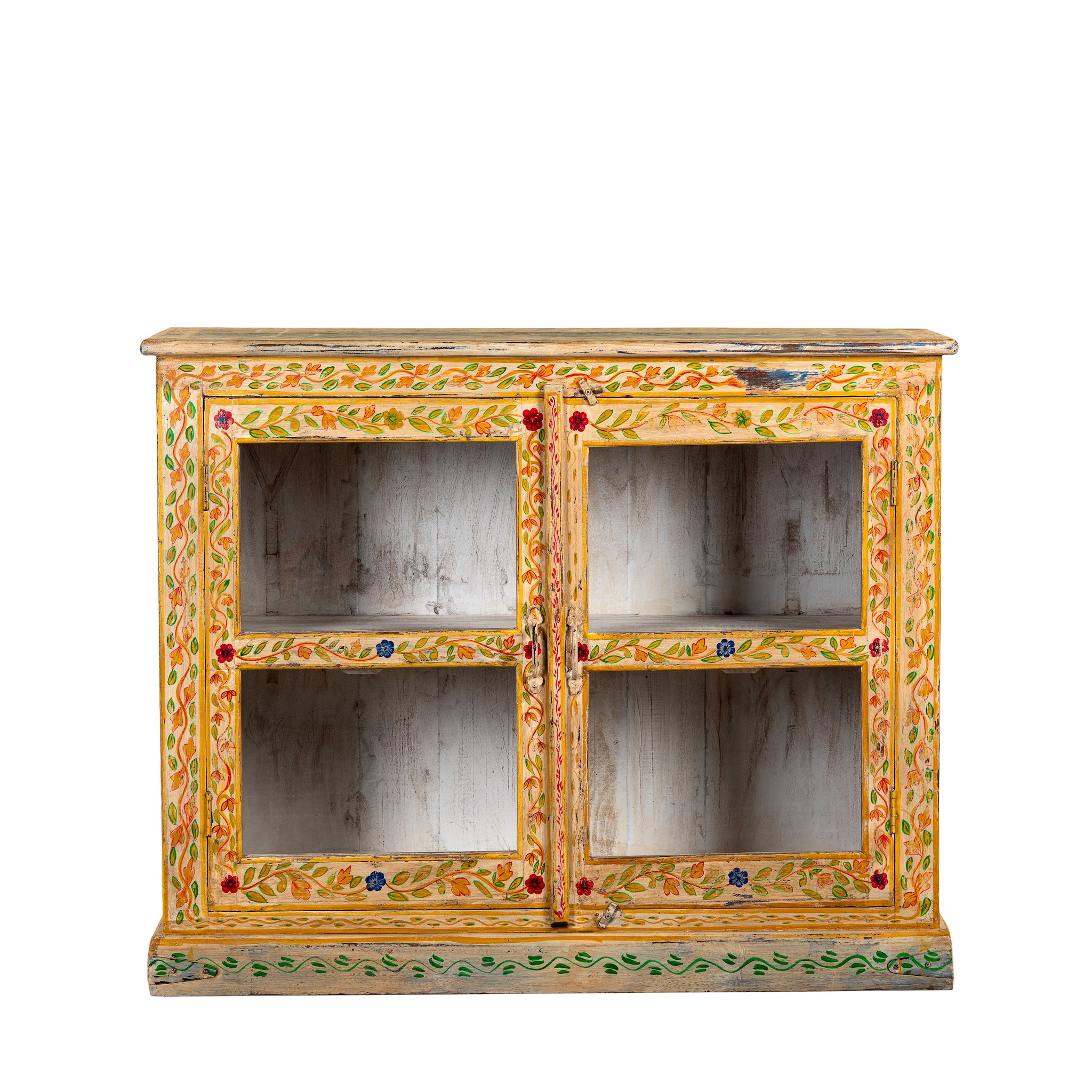 White background image of a Tushar hand-painted reclaimed wood display cabinet with colourful floral design and two doors 122cm