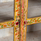 Close up image of a Tushar hand-painted reclaimed wood display cabinet with colourful floral design and two doors 122cm