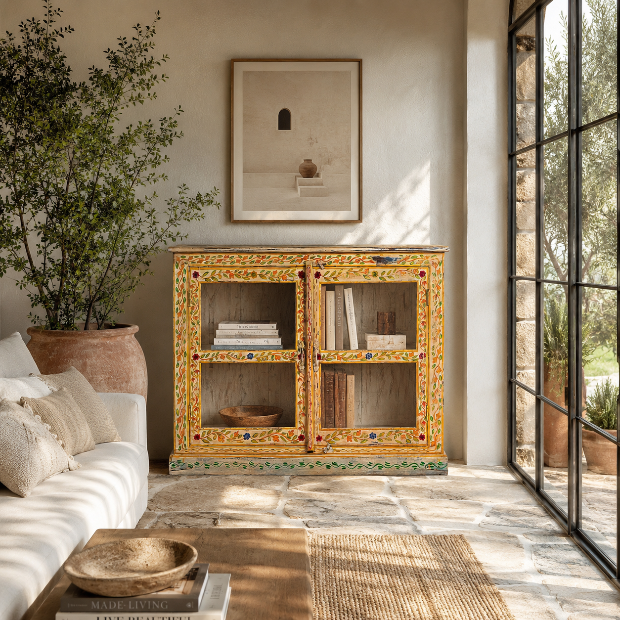Lifestyle image of a Tushar hand-painted reclaimed wood display cabinet with colourful floral design and two doors 122cm
