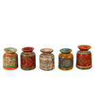 White background image of a hand-painted papier-mâché vase Udanth in mixed colours with floral and folk motifs. A vintage home accessory and unique Indian decoration ideal for vintage home decor or use as a decorative statement vase.