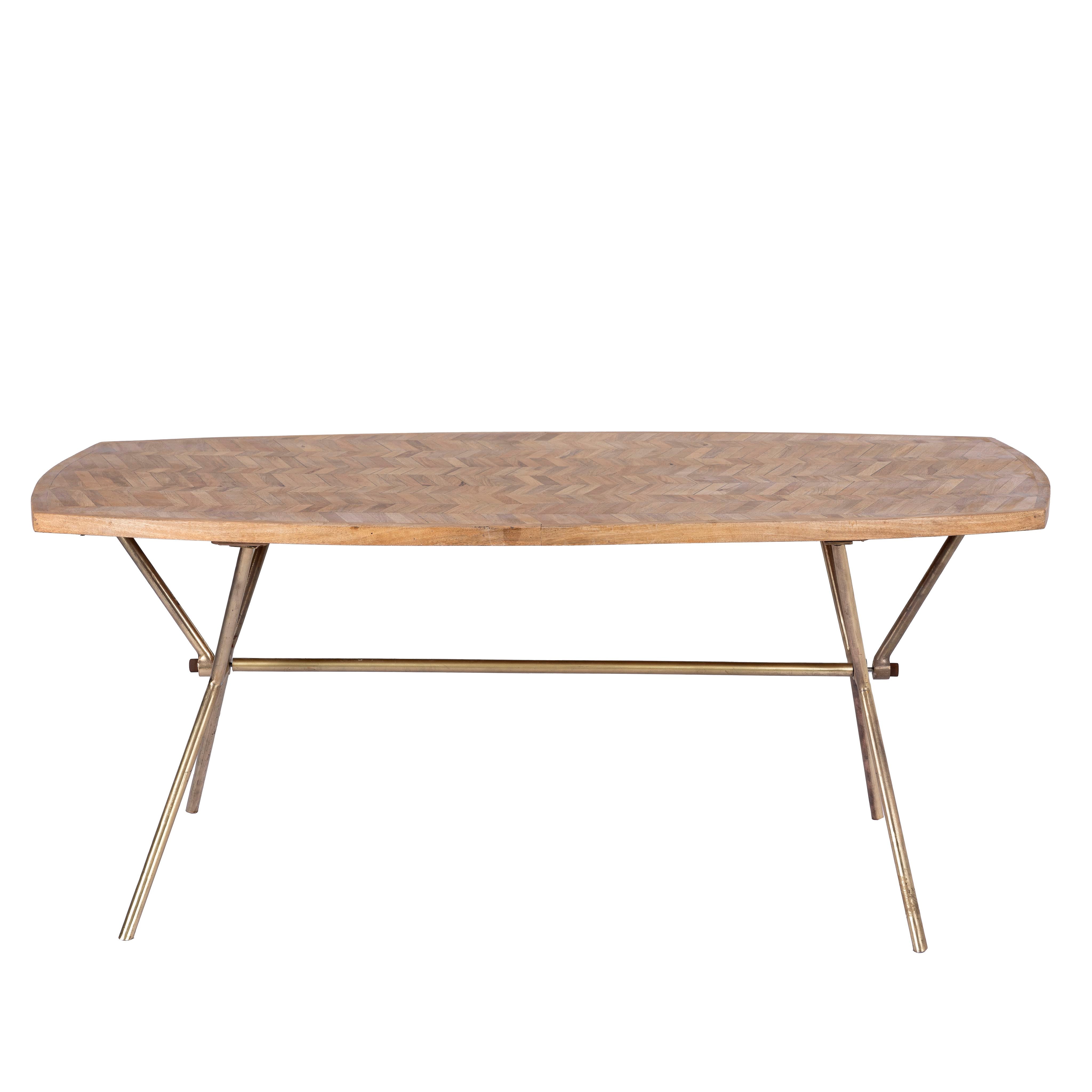White background image of a Uddanda mango wood dining table featuring an intricately patterned natural wood tabletop with a brass-plated iron base and contemporary industrial design, 181cm.