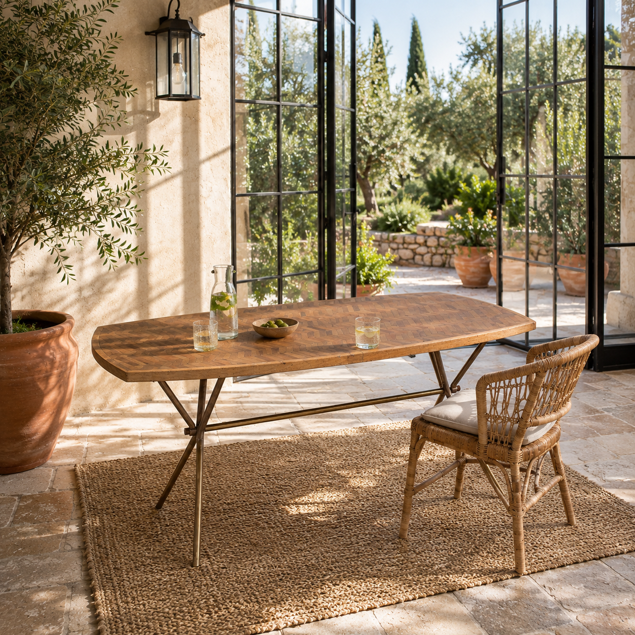 Lifestyle image of a Uddanda mango wood dining table featuring an intricately patterned natural wood tabletop with a brass-plated iron base and contemporary industrial design, 181cm.