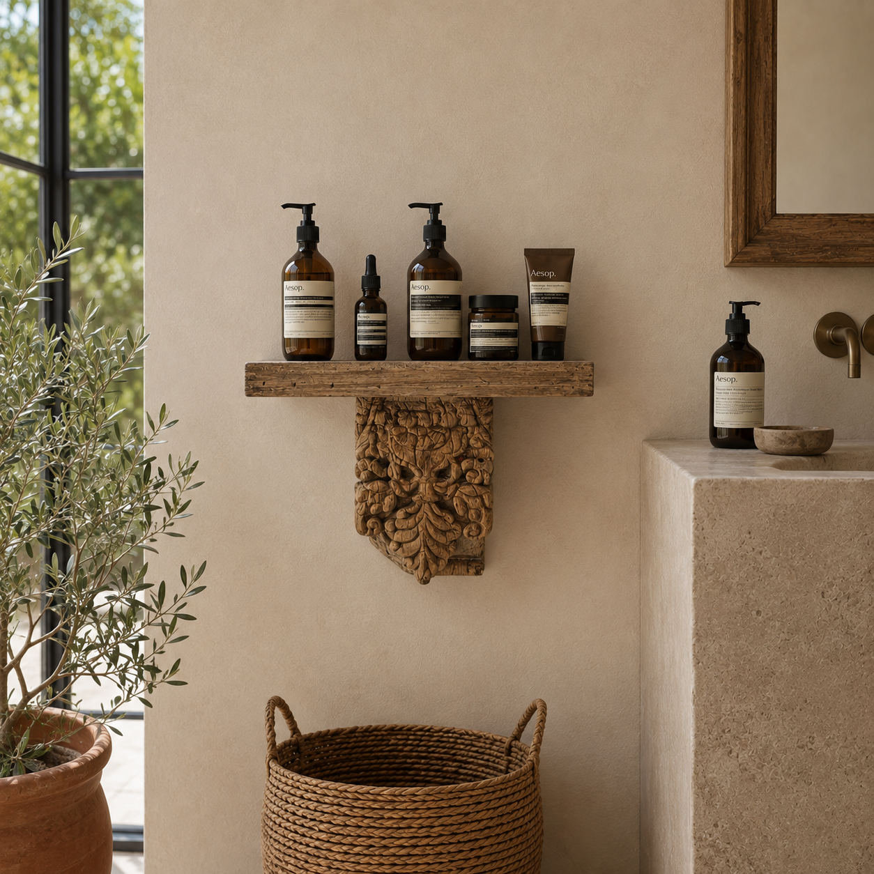 Lifestyle image of a Ujwala reclaimed teak wood wall shelf with hand carved antique Indian bracket 40cm